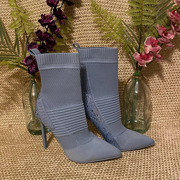 Shoes - Brand new pointed toe baby blue stiletto sock booties with rhinestones 😍😍😍